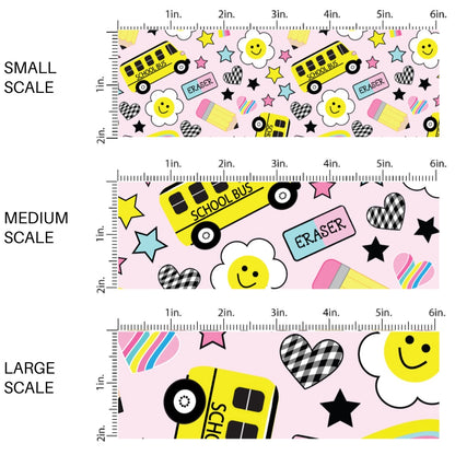 These school themed fabric by the yard features school buses, school supplies, and daisies on pink. This fun themed fabric can be used for all your sewing and crafting needs!