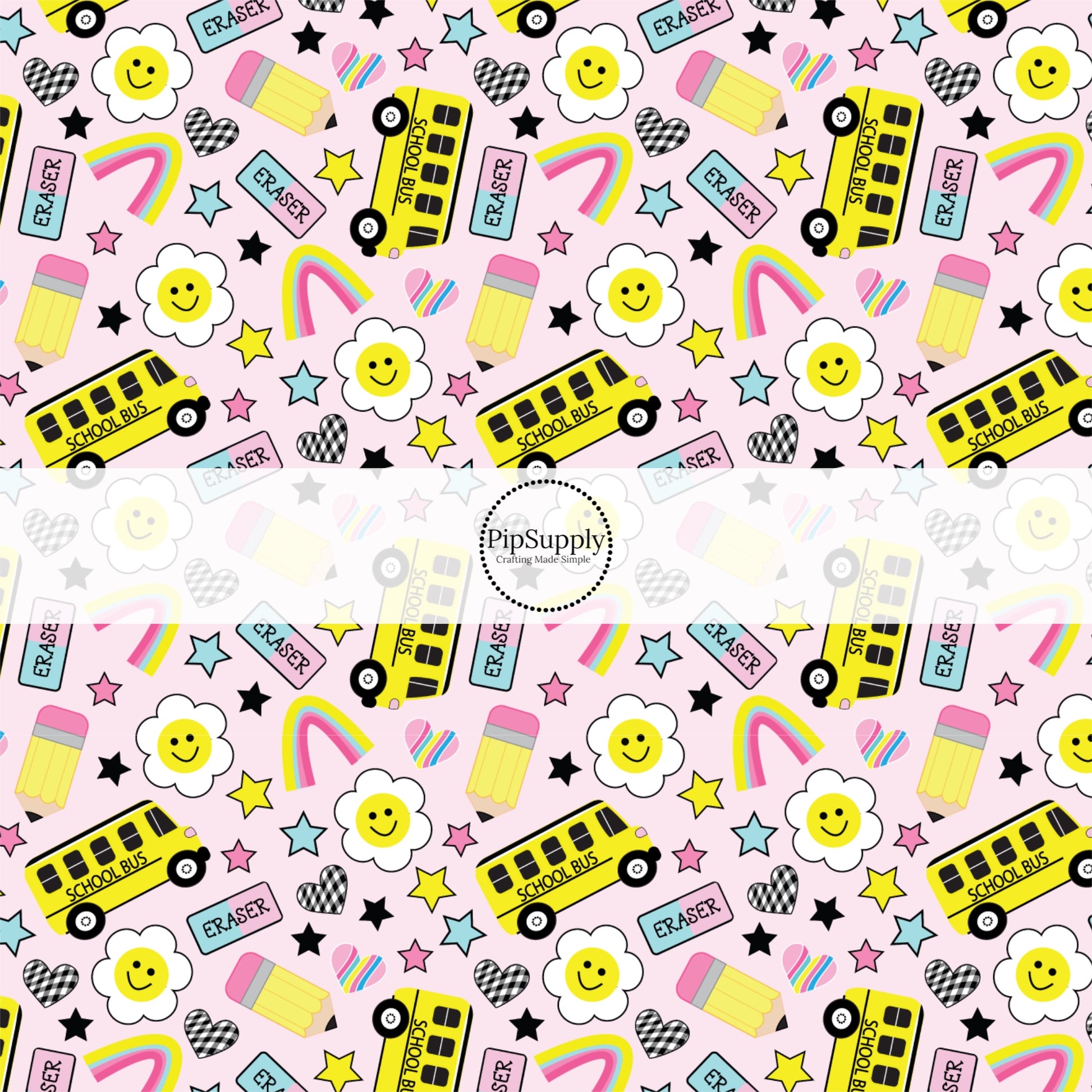 These school themed fabric by the yard features school buses, school supplies, and daisies on pink. This fun themed fabric can be used for all your sewing and crafting needs!