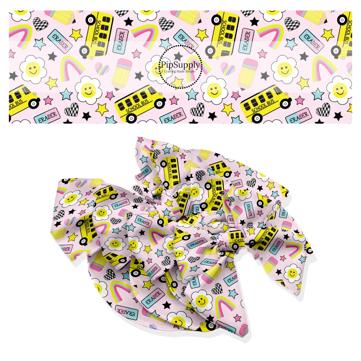 These school themed no sew bow strips can be easily tied and attached to a clip for a finished hair bow. These fun patterned bow strips are great for personal use or to sell. These bow strips feature school buses, school supplies, and daisies on pink.