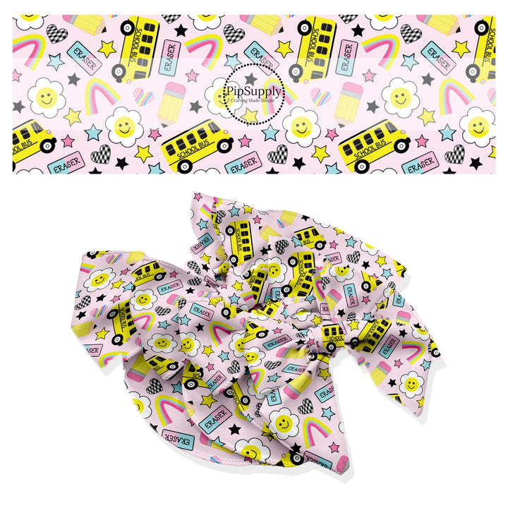 These school themed no sew bow strips can be easily tied and attached to a clip for a finished hair bow. These fun patterned bow strips are great for personal use or to sell. These bow strips feature school buses, school supplies, and daisies on pink.