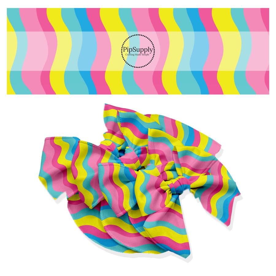 These school themed no sew bow strips can be easily tied and attached to a clip for a finished hair bow. These fun patterned bow strips are great for personal use or to sell. These bow strips feature bright colorful waves.