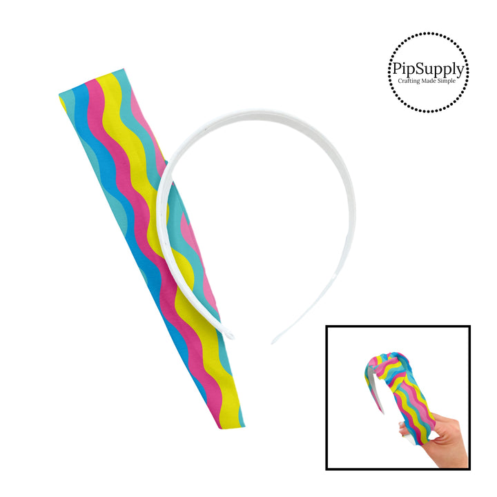 These school themed patterned headband kits are easy to assemble and come with everything you need to make your own knotted headband. These fun kits include a custom printed and sewn fabric strip and a coordinating velvet headband. This cute pattern feature bright colorful waves.