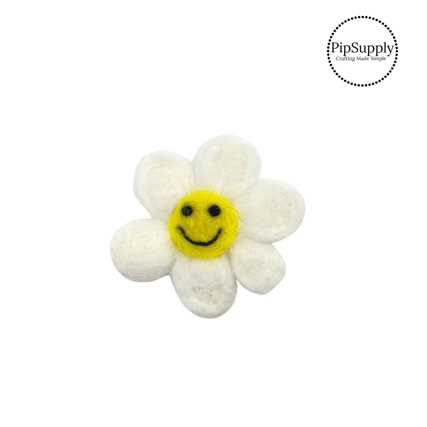 White flower with yellow happy face felt embellishment