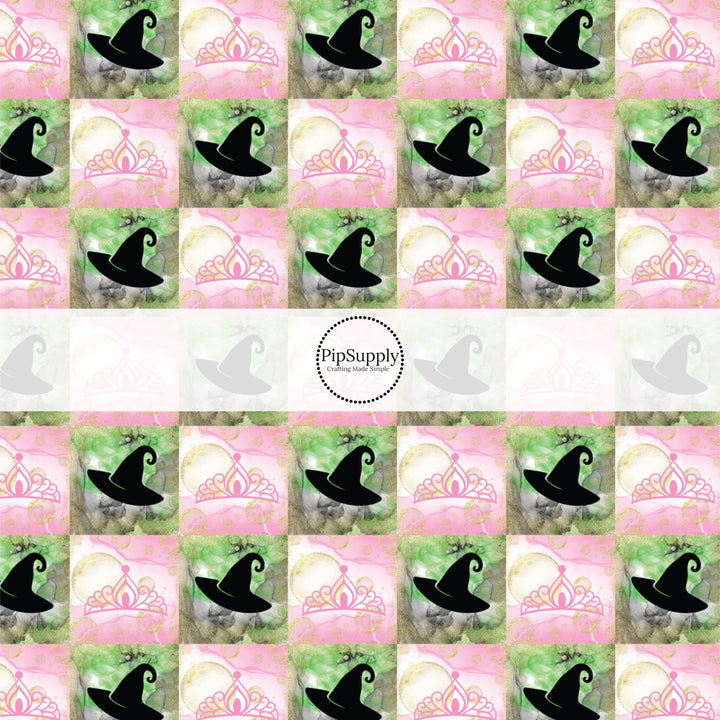 This fun themed fabric by the yard features hats and crowns on pink and green checker pattern. This fun pattern fabric can be used for all your sewing and crafting needs!