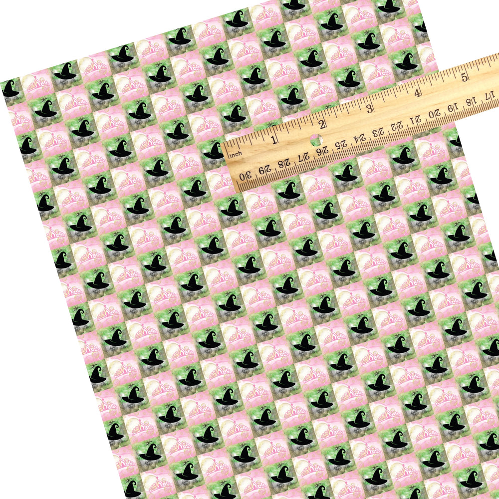 These fun themed faux leather sheets contain the following design elements: witch hats and crowns on pink and green checker pattern. Our CPSIA compliant faux leather sheets or rolls can be used for all types of crafting projects.