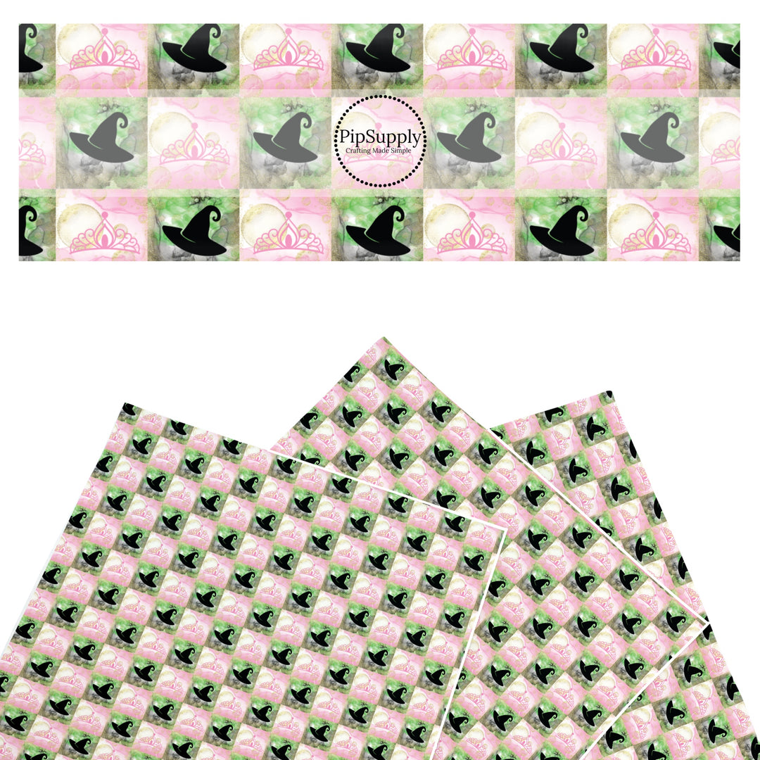 These fun themed faux leather sheets contain the following design elements: witch hats and crowns on pink and green checker pattern. Our CPSIA compliant faux leather sheets or rolls can be used for all types of crafting projects.