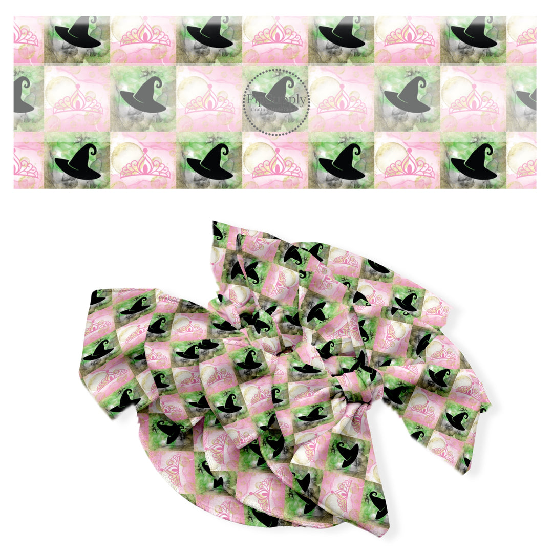 These fun themed no sew bow strips can be easily tied and attached to a clip for a finished hair bow. These fun bow strips are great for personal use or to sell. These bow strips feature the following design elements: hats and crowns on pink and green checker pattern.