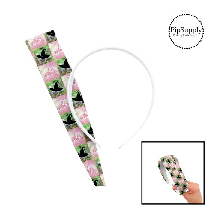 These fun headband kits are easy to assemble and come with everything you need to make your own knotted headband. These witch themed kits include a custom printed and sewn fabric strip and a coordinating velvet base headband. The pattern features: hats and crowns on pink and green checker pattern.