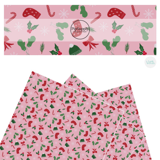 Red bows, mittens, stockings, hats, and holly on pink faux leather sheets