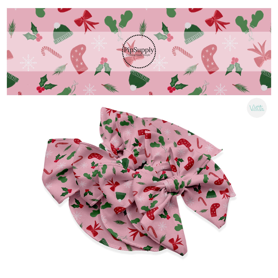 Holly, mittens, stockings, snowflakes, and bows on pink hair bow strips