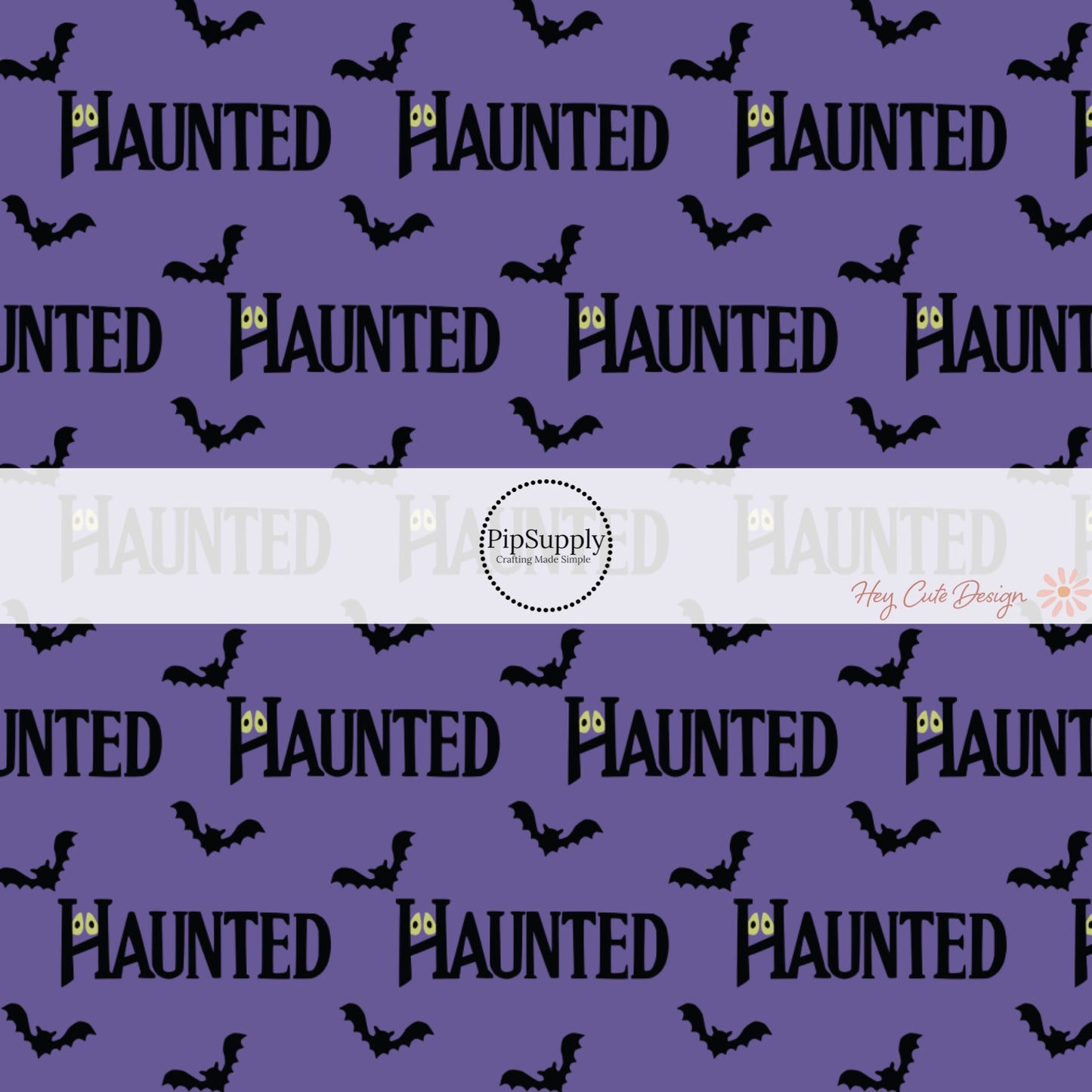 Flying bats and haunted saying with eyes on purple hair bow strips
