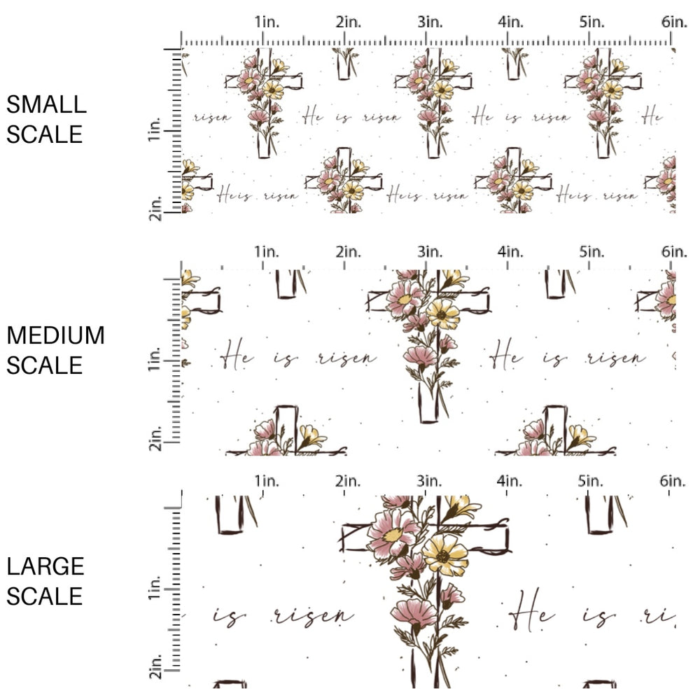 This Easter themed fabric by the yard features "He Is Risen" and crosses with flowers. This fun pattern fabric can be used for all your sewing and crafting needs!