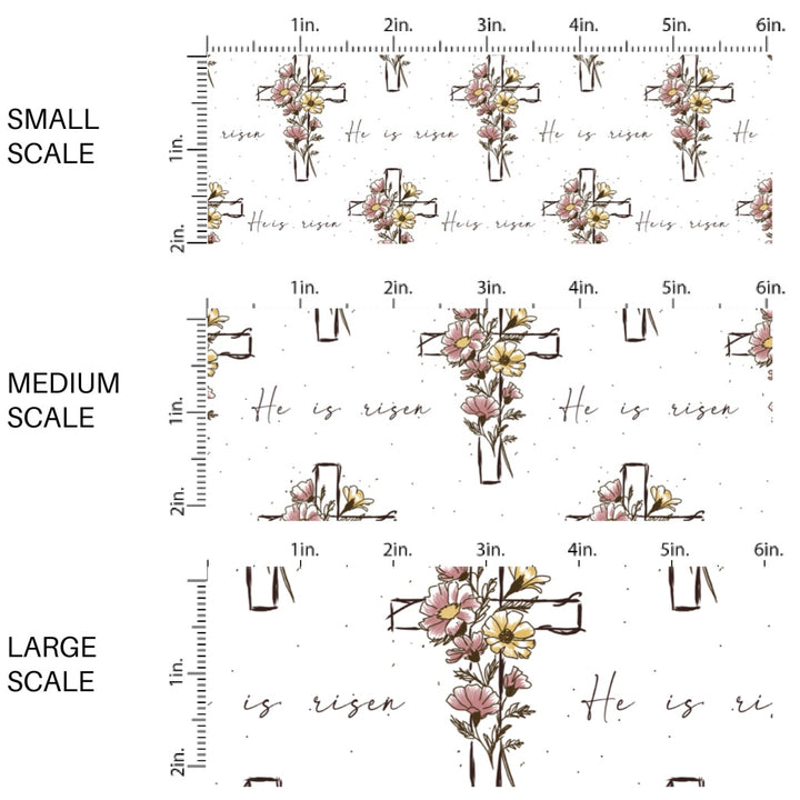 This Easter themed fabric by the yard features "He Is Risen" and crosses with flowers. This fun pattern fabric can be used for all your sewing and crafting needs!