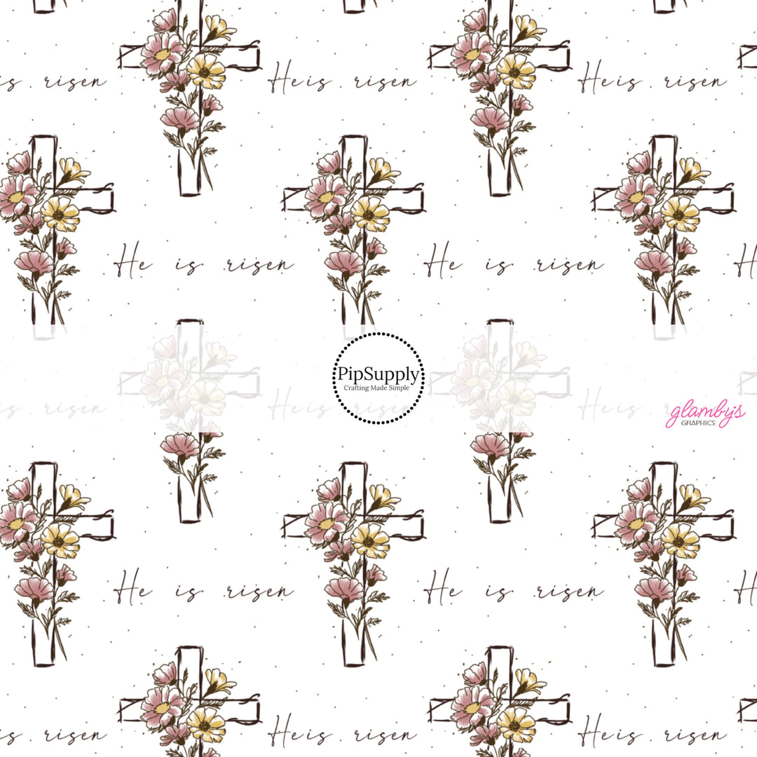 This Easter themed fabric by the yard features "He Is Risen" and crosses with flowers. This fun pattern fabric can be used for all your sewing and crafting needs!