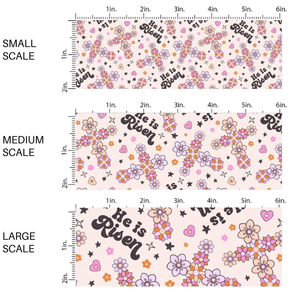 This Easter themed fabric by the yard features "He Is Risen" and crosses with flowers. This fun pattern fabric can be used for all your sewing and crafting needs!