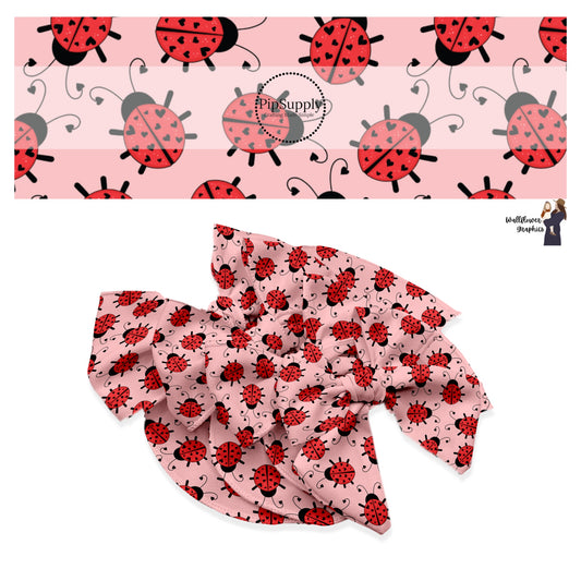 Hearts on red lady bugs on pink hair bow strips