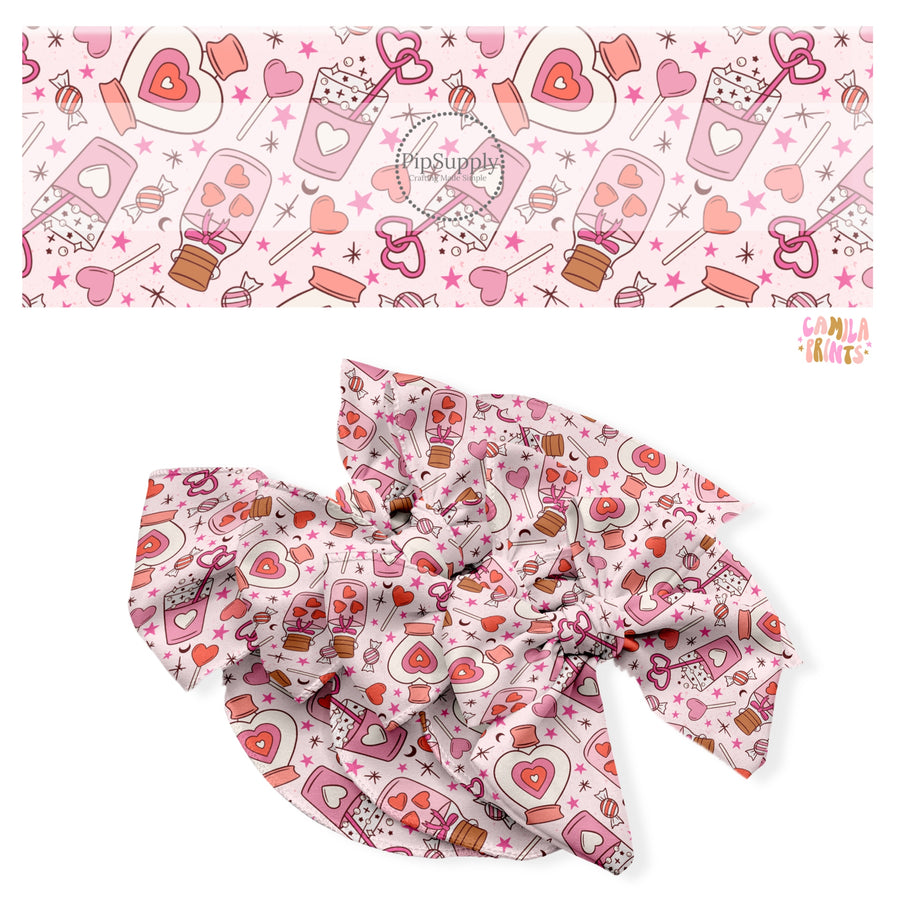 These holiday no sew bow strips can be easily tied and attached to a clip for a finished hair bow. These festive bow strips are great for personal use or to sell. These bow strips feature the following design elements: potions on pink.