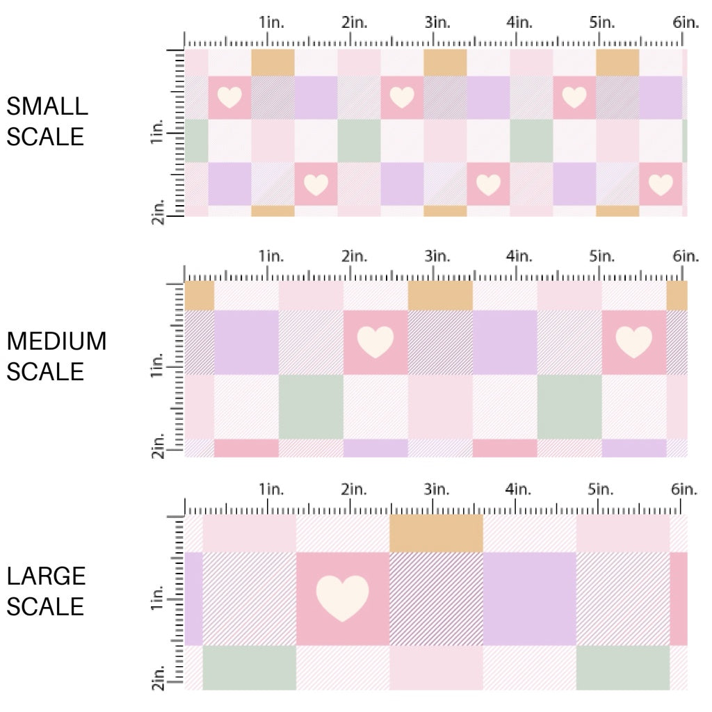 This spring floral fabric by the yard features pastel spring checker pattern with strips and hearts. This seasonal pattern fabric can be used for all your sewing and crafting needs!