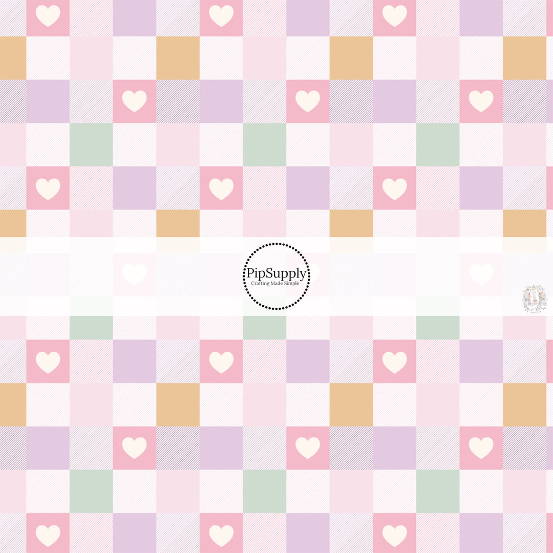 This spring floral fabric by the yard features pastel spring checker pattern with strips and hearts. This seasonal pattern fabric can be used for all your sewing and crafting needs!