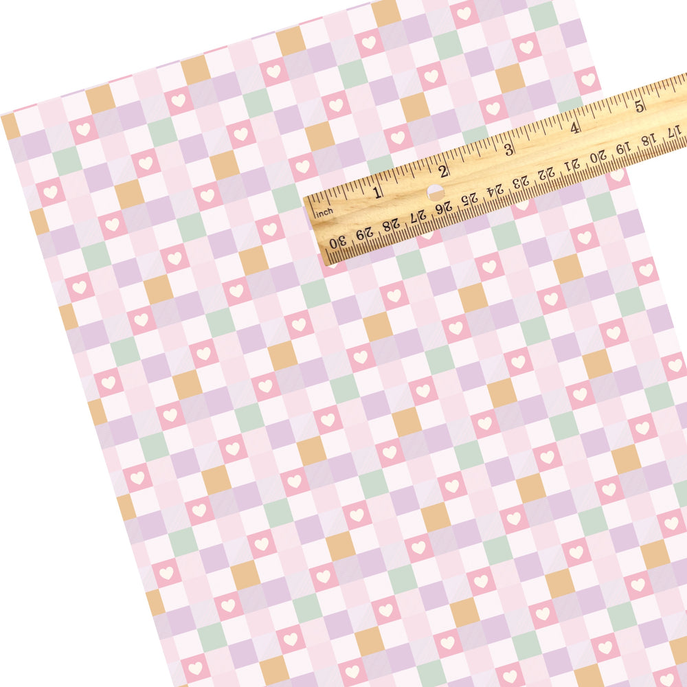 These spring checker faux leather sheets contain the following design elements: pastel spring checker pattern with stripes and hearts. Our CPSIA compliant faux leather sheets or rolls can be used for all types of crafting projects.