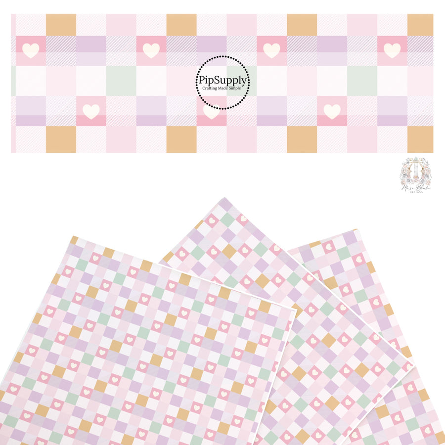 These spring checker faux leather sheets contain the following design elements: pastel spring checker pattern with stripes and hearts. Our CPSIA compliant faux leather sheets or rolls can be used for all types of crafting projects.