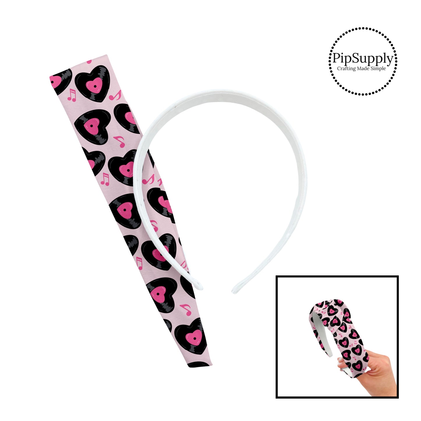 Black and pink heart vinyls with pink music notes on pink knotted headband kit