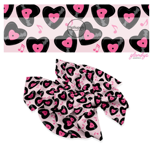 Heart vinyls with music notes on pink hair bow strips