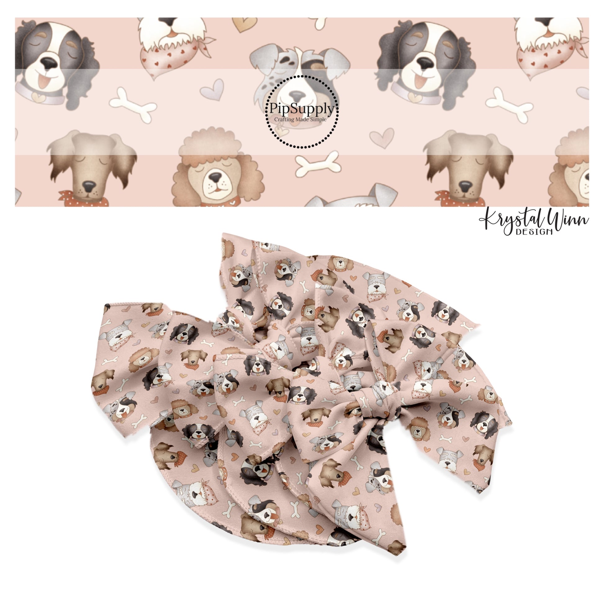 Puppies with hearts and bones on pink hair bow strips