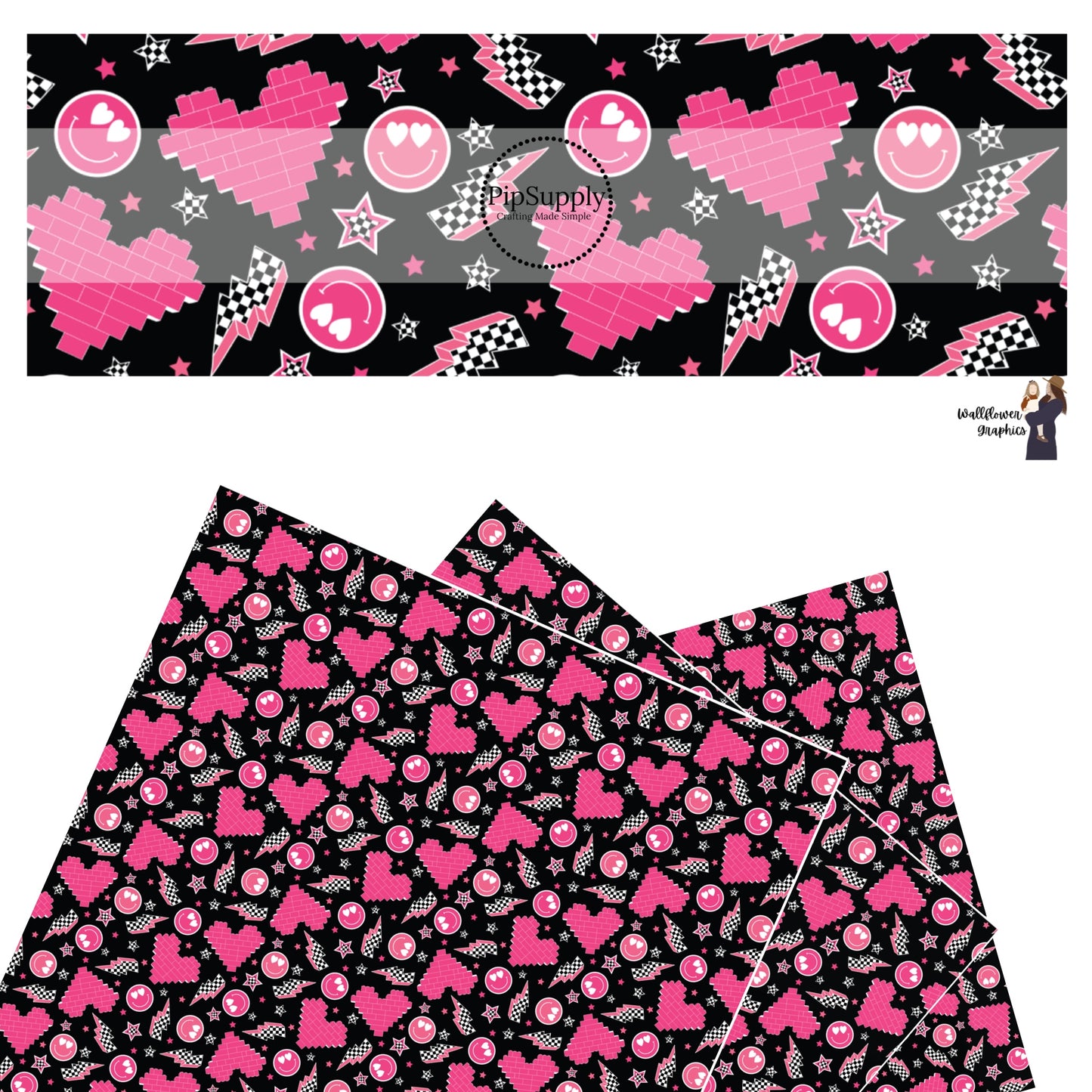 Pink hearts, smiley faces, lightning bolts, and stars on black faux leather sheets