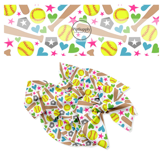 Softballs, bats, multi hearts, and multi stars on white bow strips