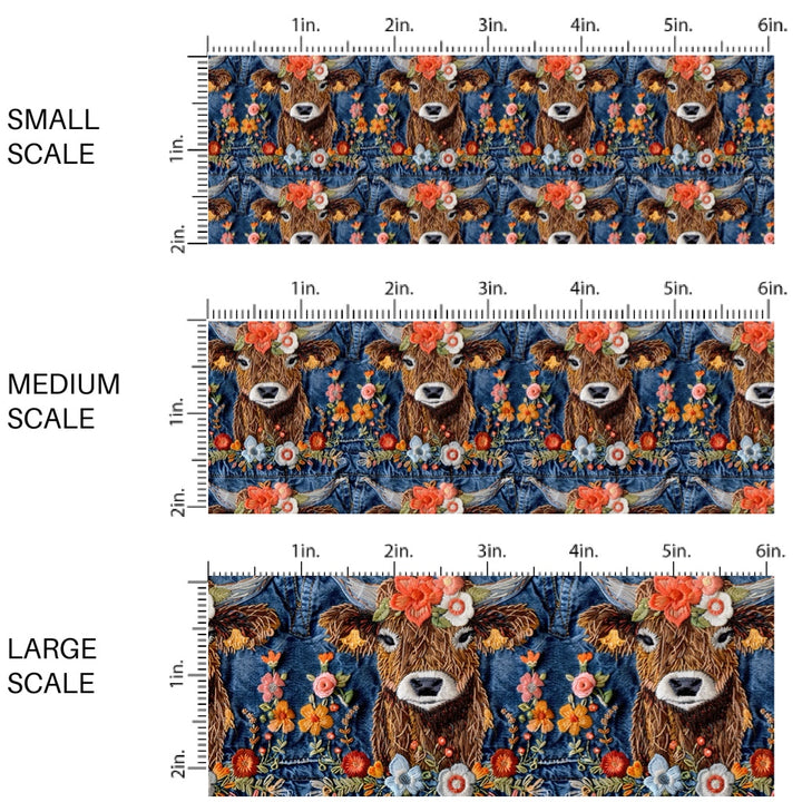 These spring fabric by the yard features embroidered highland cows and flowers on denim pattern. This fun pattern fabric can be used for all your sewing and crafting needs!
