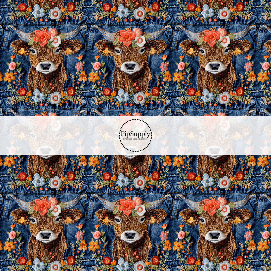 These spring fabric by the yard features embroidered highland cows and flowers on denim pattern. This fun pattern fabric can be used for all your sewing and crafting needs!