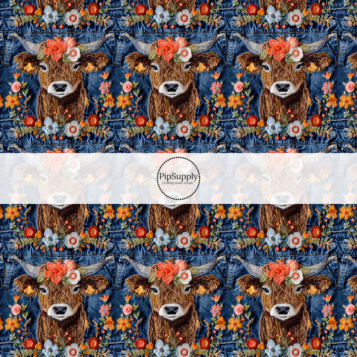 These spring fabric by the yard features embroidered highland cows and flowers on denim pattern. This fun pattern fabric can be used for all your sewing and crafting needs!