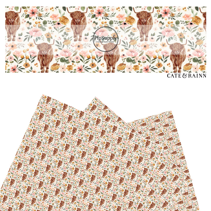 These spring floral pattern themed faux leather sheets contain the following design elements: highland cows surrounded by pink and yellow flowers. Our CPSIA compliant faux leather sheets or rolls can be used for all types of crafting projects.