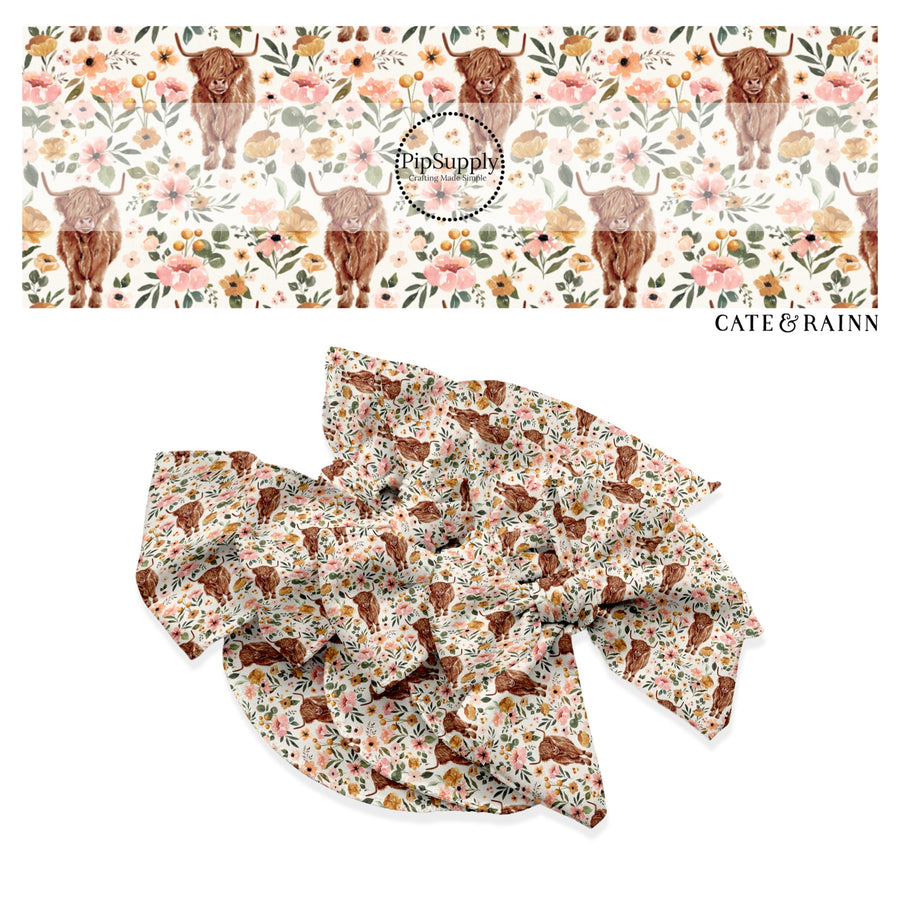 These spring floral pattern themed no sew bow strips can be easily tied and attached to a clip for a finished hair bow. These patterned bow strips are great for personal use or to sell. These bow strips features highland cows surrounded by pink and yellow flowers. 