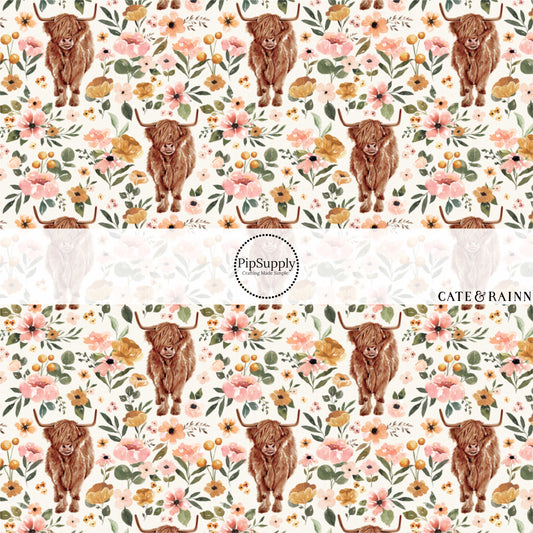 Highland Cows and Spring Florals on Cream Fabric by the Yard.
