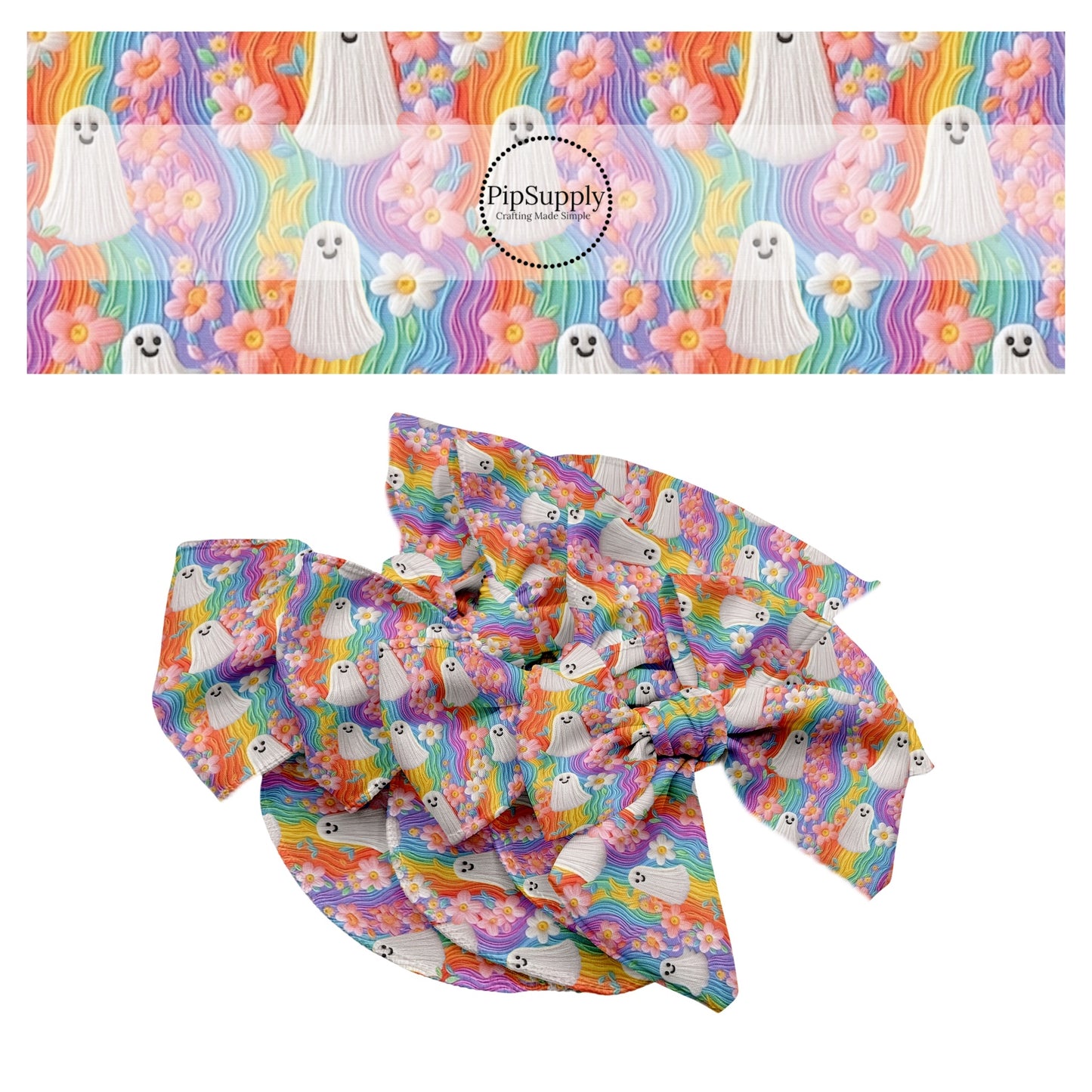 Whiet ghosts on rainbow and floral embroidered hair bow strips