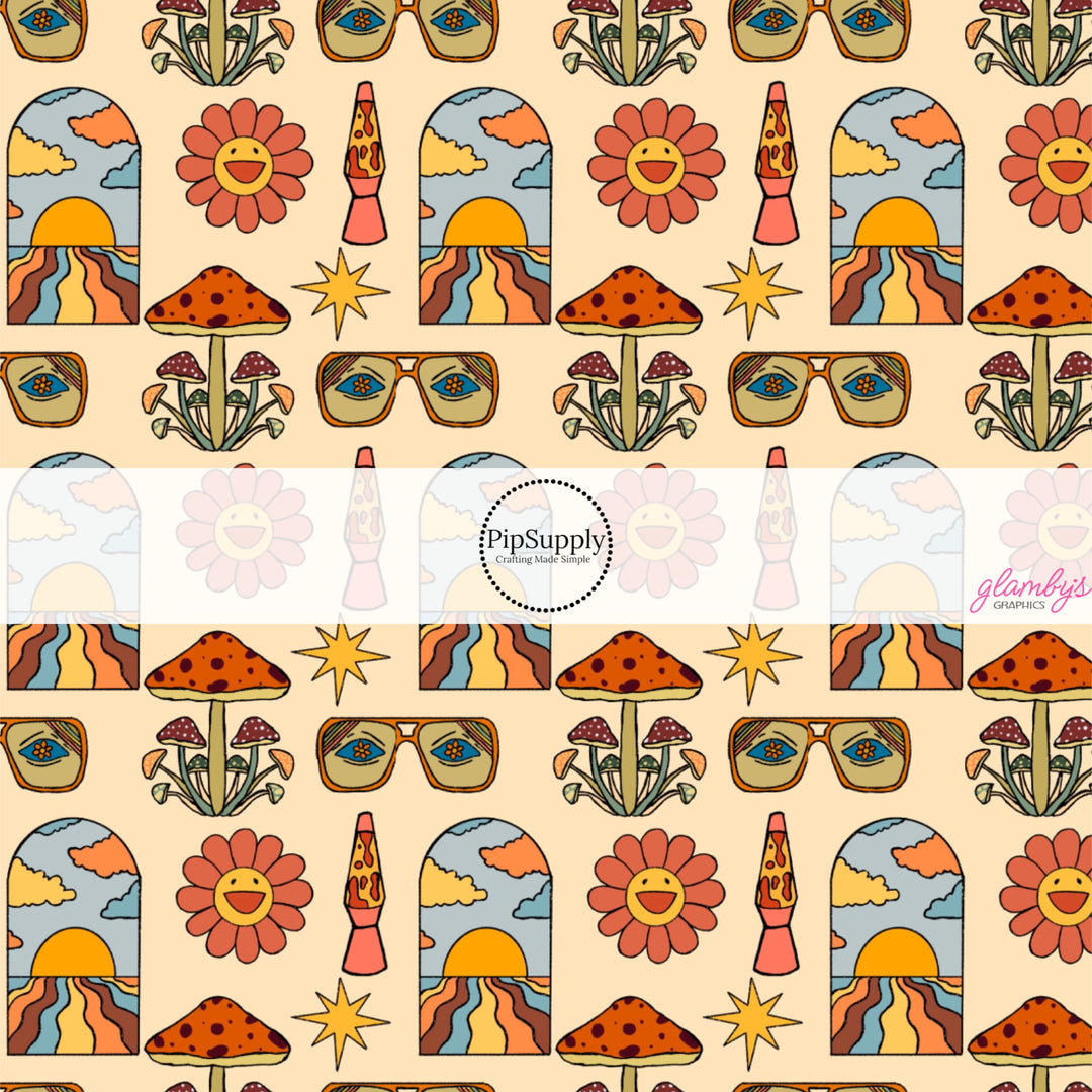 Hippie Themed Florals, Lava Lamps, and Clouds on Peach Fabric by the Yard.