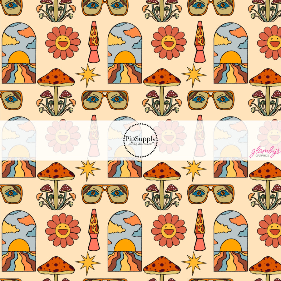 Hippie Themed Florals, Lava Lamps, and Clouds on Peach Fabric by the Yard.