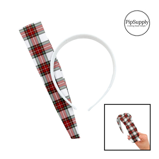 Red, green, and white christmas plaid knotted headband kit