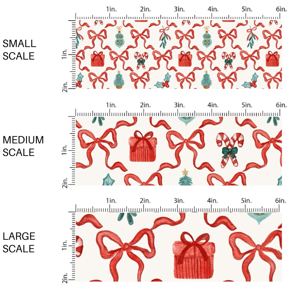 These Christmas themed pattern fabric by the yard features the following design elements: Christmas red bow lattice pattern with holiday gifts, ornaments, and candy canes. This fun themed fabric can be used for all your sewing and crafting needs!