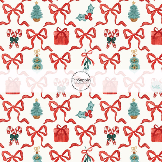 These Christmas themed pattern fabric by the yard features the following design elements: Christmas red bow lattice pattern with holiday gifts, ornaments, and candy canes. This fun themed fabric can be used for all your sewing and crafting needs!