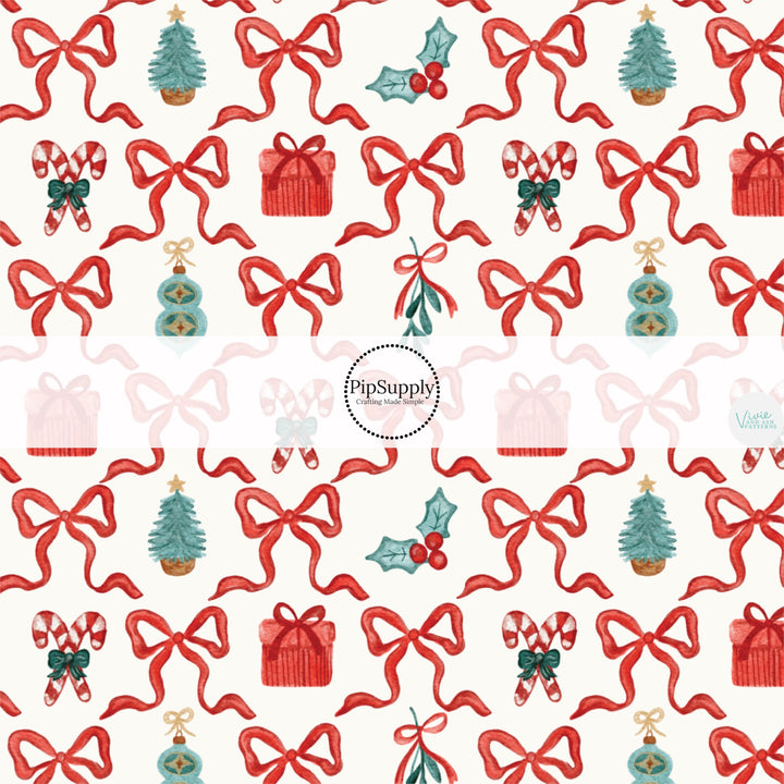 These Christmas themed pattern fabric by the yard features the following design elements: Christmas red bow lattice pattern with holiday gifts, ornaments, and candy canes. This fun themed fabric can be used for all your sewing and crafting needs!