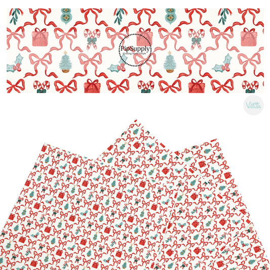 These Christmas themed pattern faux leather sheets contain the following design elements: Christmas red bow lattice pattern with holiday gifts, ornaments, and candy canes. Our CPSIA compliant faux leather sheets or rolls can be used for all types of crafting projects.