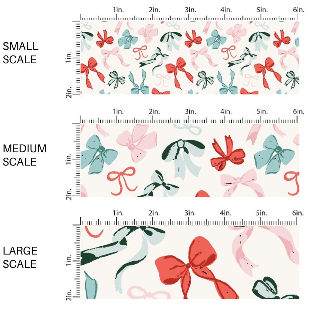 These winter bow themed pattern fabric by the yard features the following design elements: colorful bows on cream. This fun themed fabric can be used for all your sewing and crafting needs!