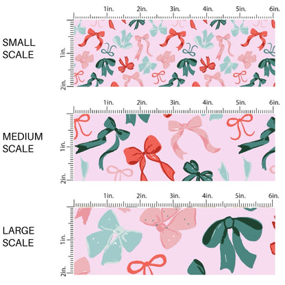 These winter bow themed pattern fabric by the yard features the following design elements: colorful bows. This fun themed fabric can be used for all your sewing and crafting needs!