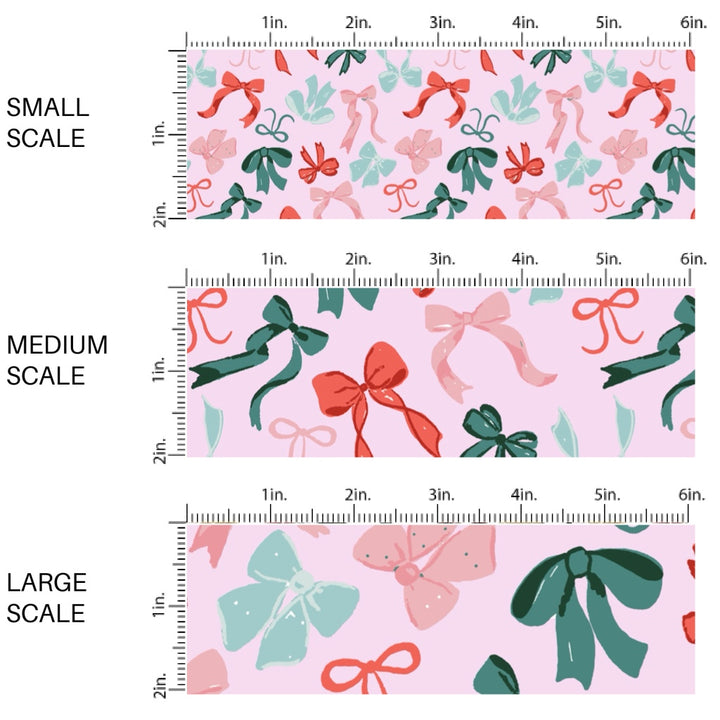 These winter bow themed pattern fabric by the yard features the following design elements: colorful bows. This fun themed fabric can be used for all your sewing and crafting needs!