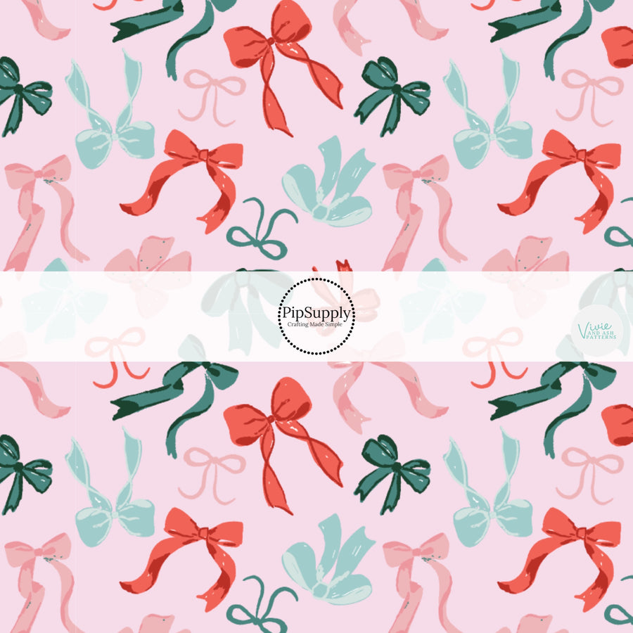 These winter bow themed pattern fabric by the yard features the following design elements: colorful bows. This fun themed fabric can be used for all your sewing and crafting needs!