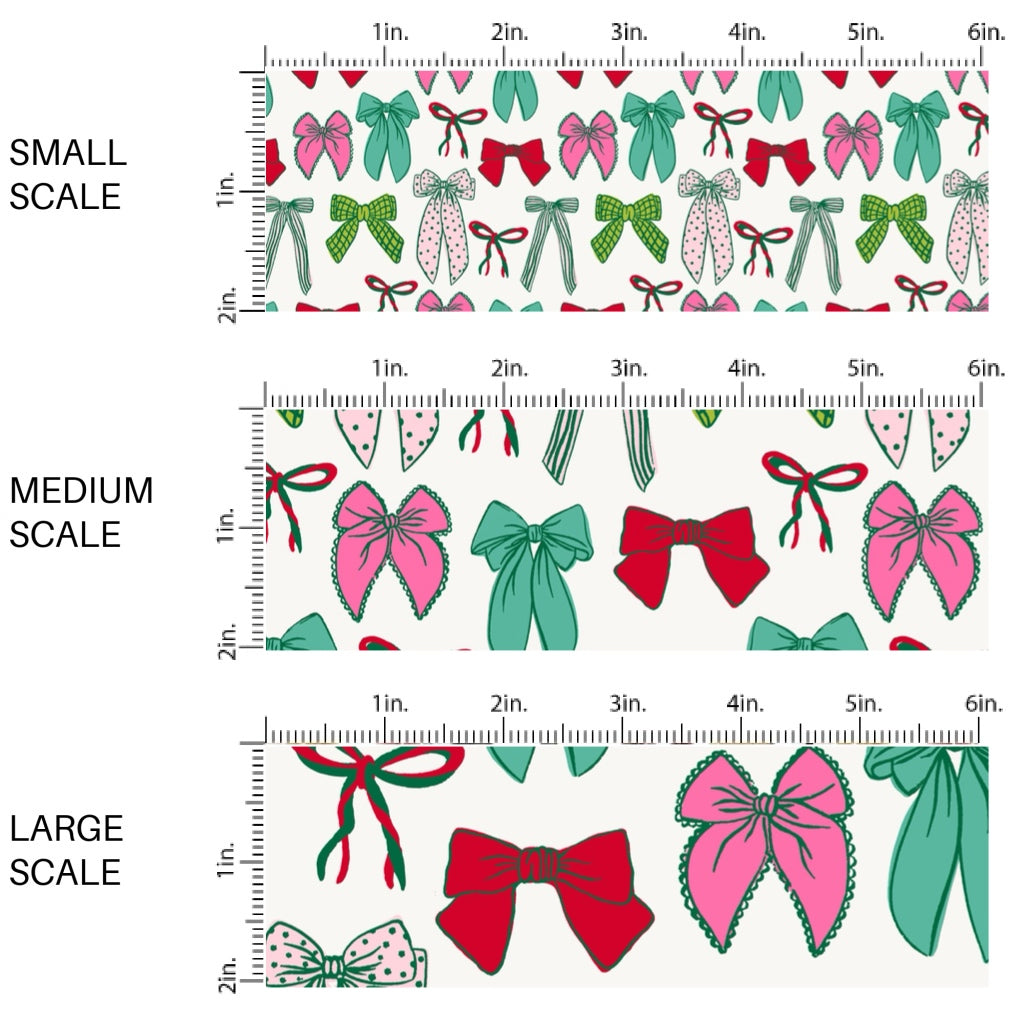 These winter bow themed pattern fabric by the yard features the following design elements: colorful bows. This fun themed fabric can be used for all your sewing and crafting needs!