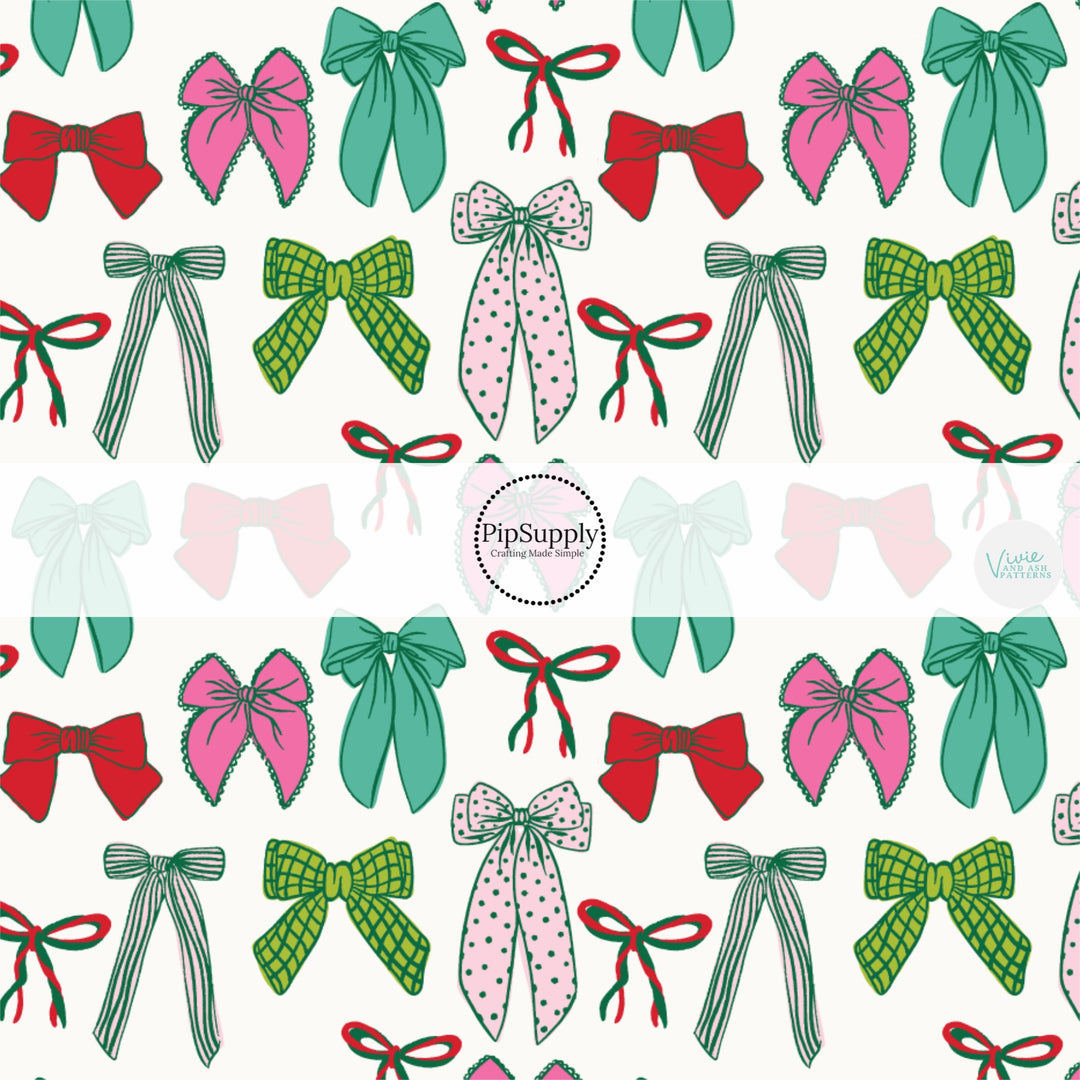 These winter bow themed pattern fabric by the yard features the following design elements: colorful bows. This fun themed fabric can be used for all your sewing and crafting needs!